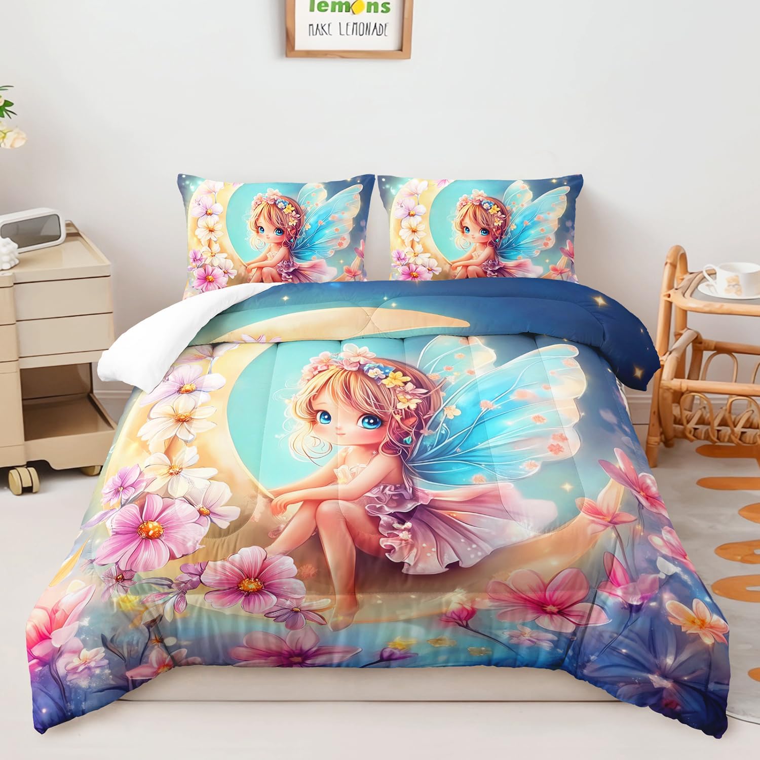 AILONEN Pink Flower Fairy Comforter Set for Kids