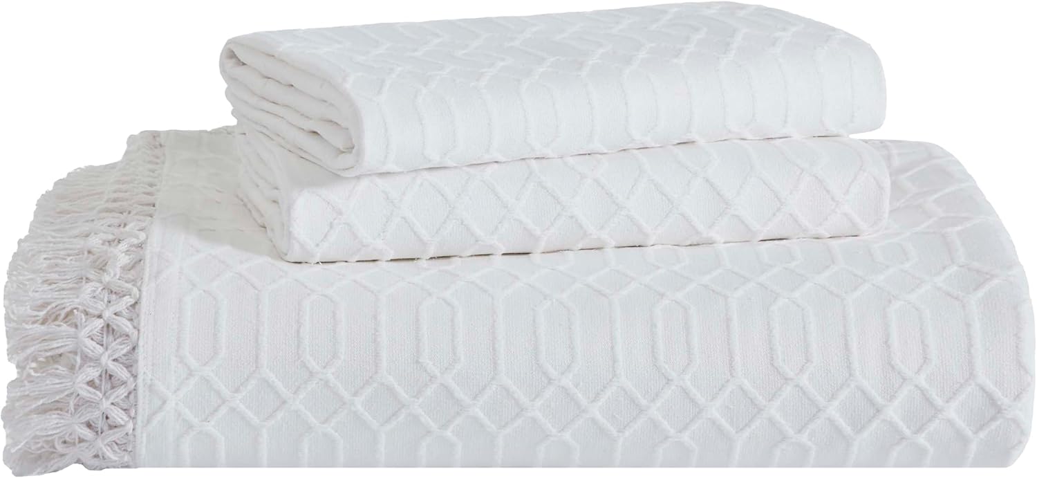 Superior Remi Cotton Blend Bedspread Set 2 Piece Geometric Fringe White