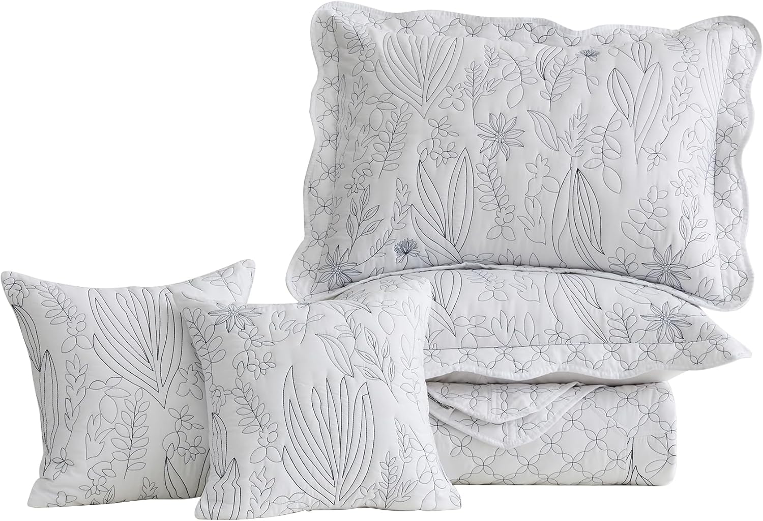 CHIXIN Botanical Bedspread Set - Full Size Leaves Pattern 4 Piece White