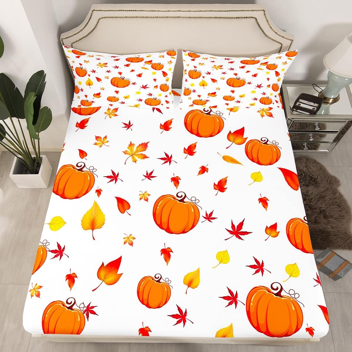 Erosebridal Fall Pumpkin King Size Sheet Set with Maple Leaves