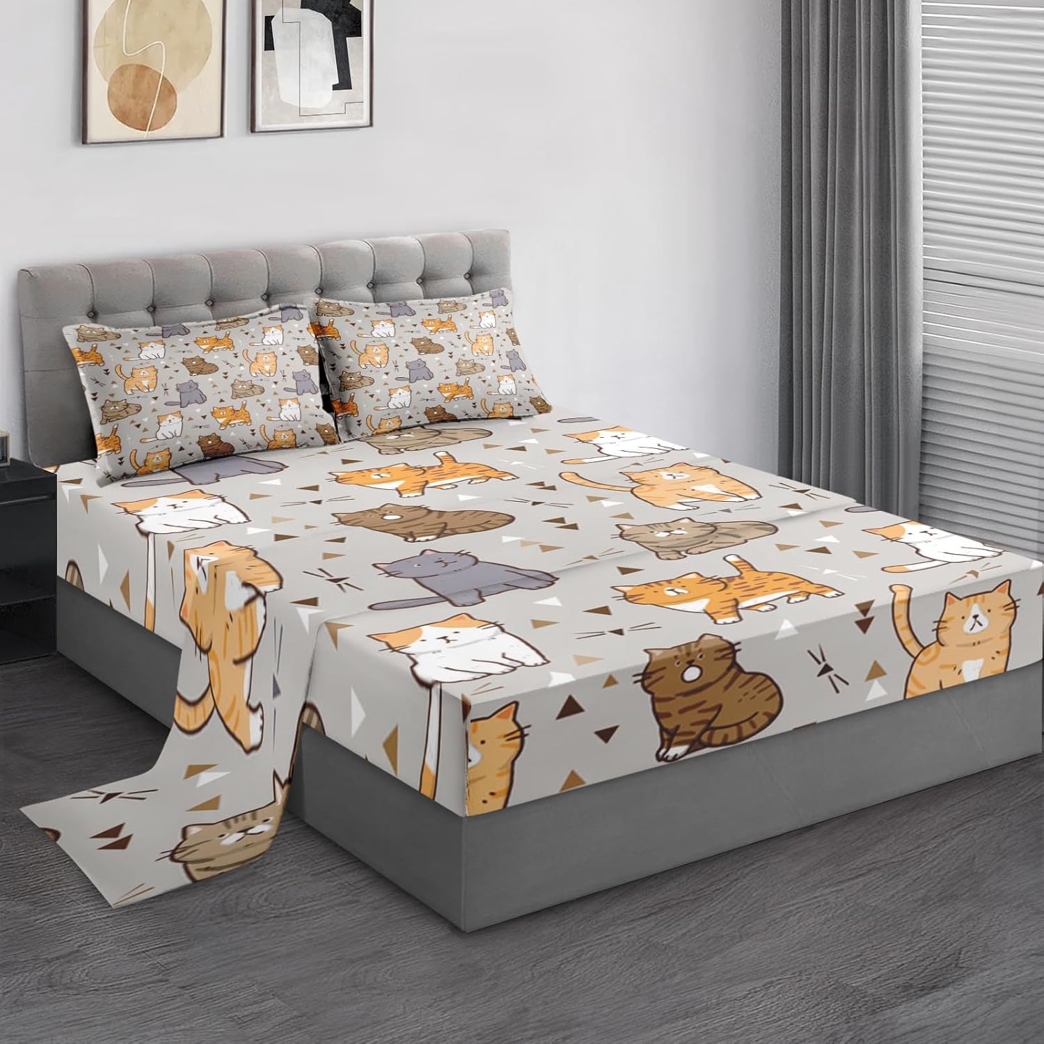 Pamnest Queen Size Bed Sheet Set with Cute Cat Design