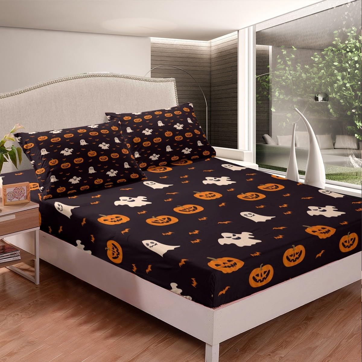 Jejeloiu King Size Pumpkin Lantern Kids Halloween Sheet Set