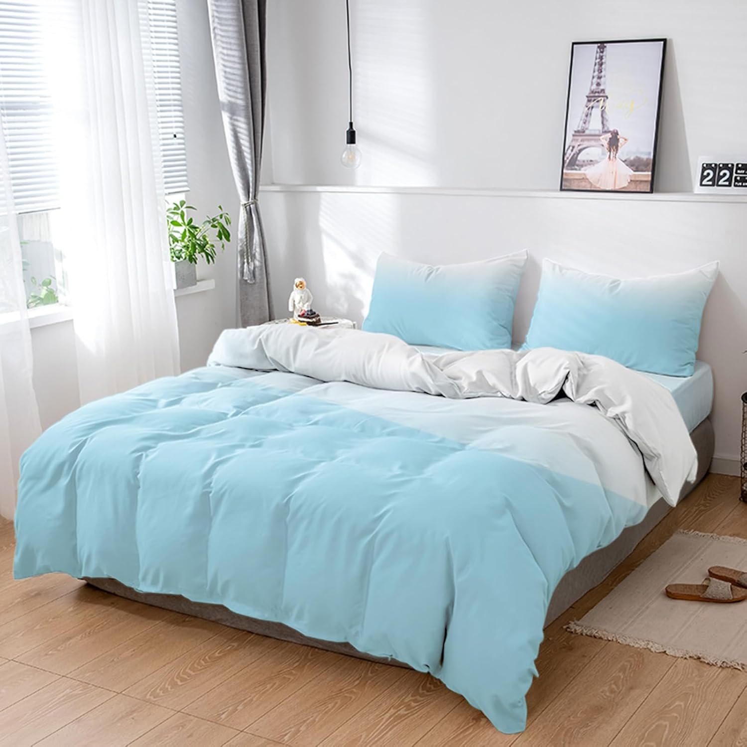 LooPoP 4PCS California King Comforter Set Gradient Blue White Ombre