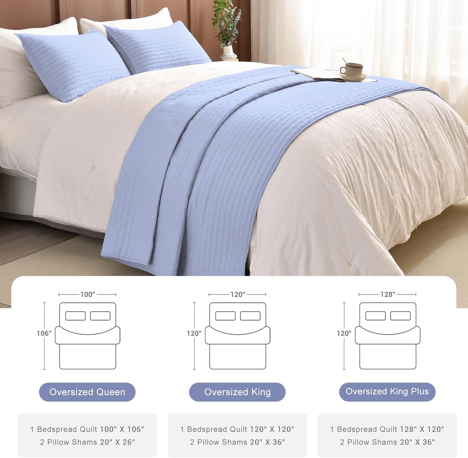 Masaca Oversized King Quilt Set 3 Piece Light Blue