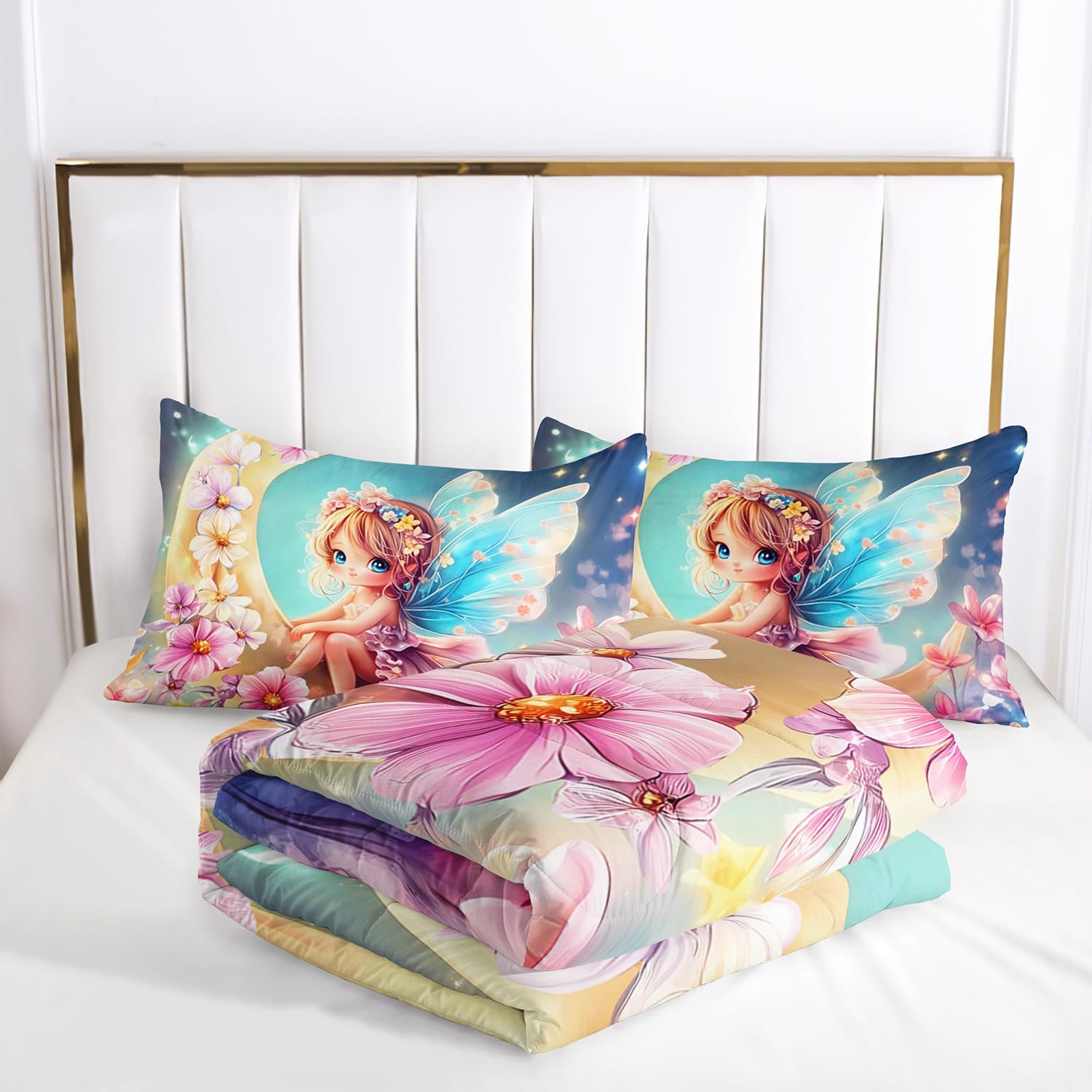 AILONEN Pink Flower Fairy Comforter Set for Kids