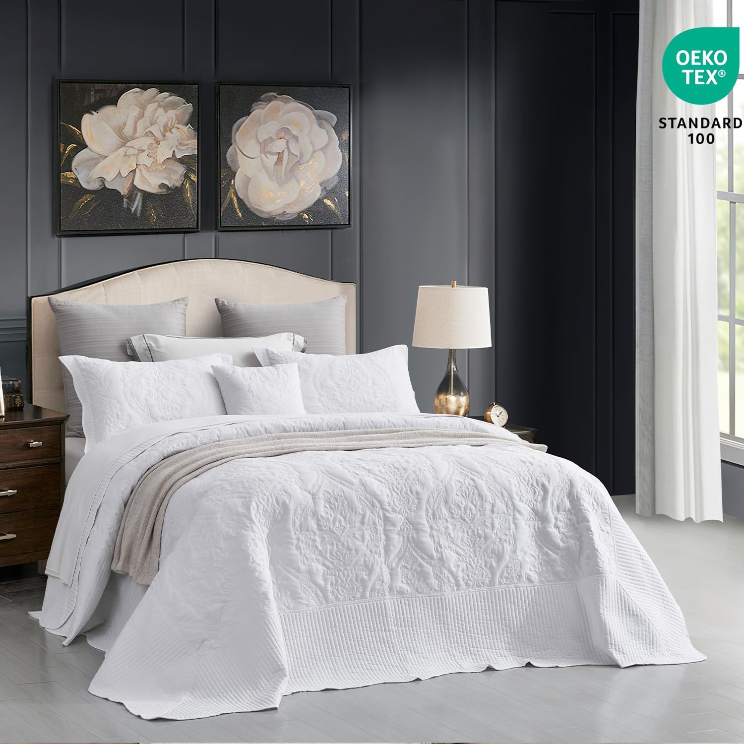 CHIXIN Queen Bedspread Set - Damask Paisley Pattern 4 Piece Reversible