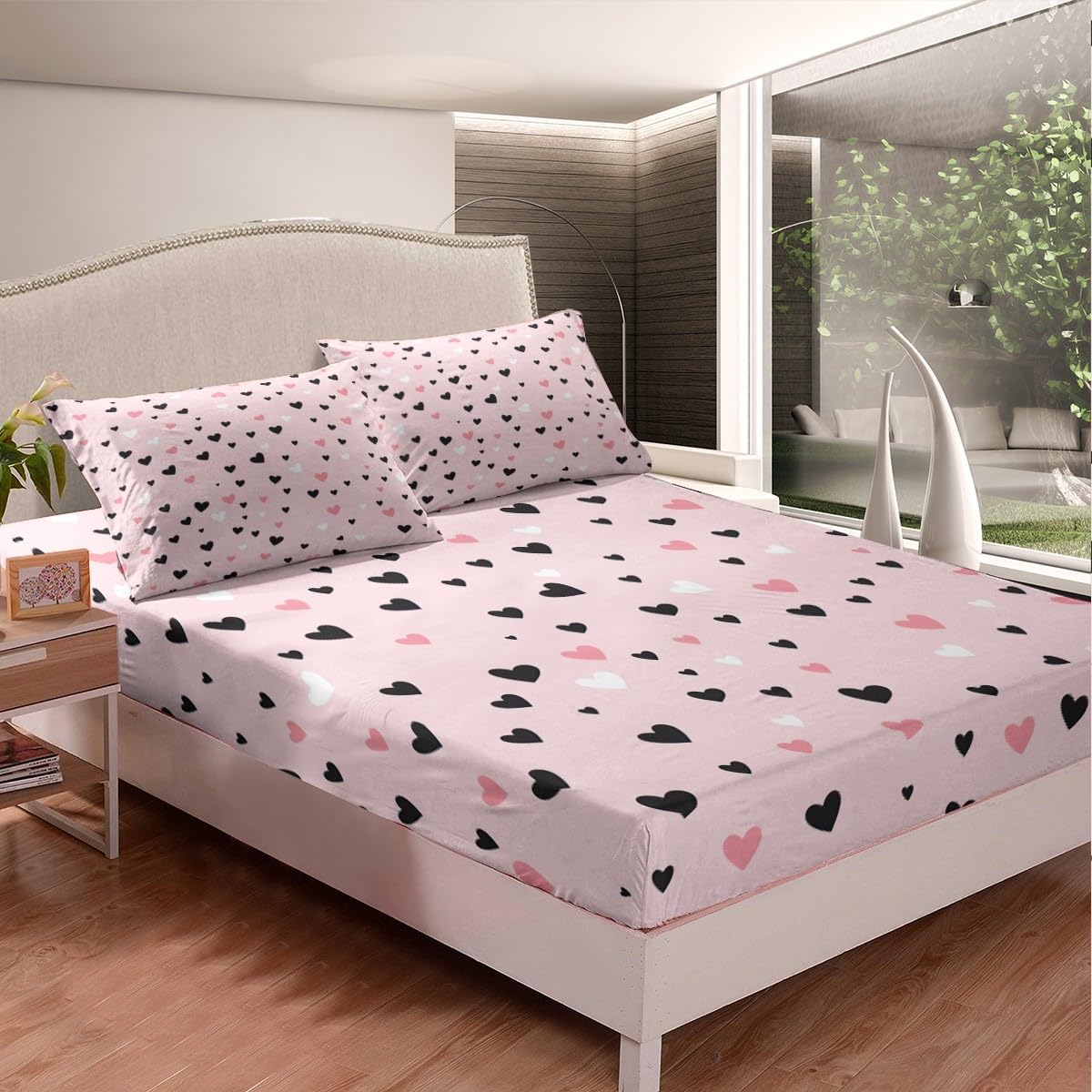 Feelyou Heart Bed Sheet Set King Size Kawaii Pink