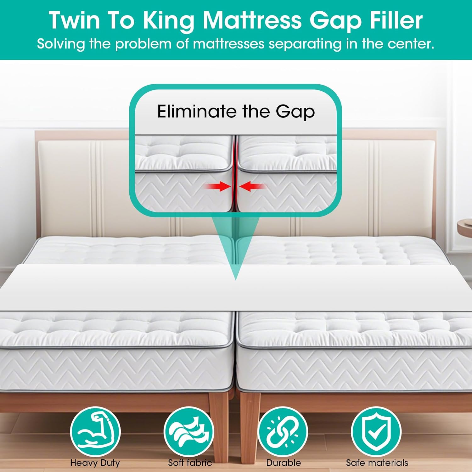 Twin to King Bed Bridge Converter with Metal Buckles and Straps - White