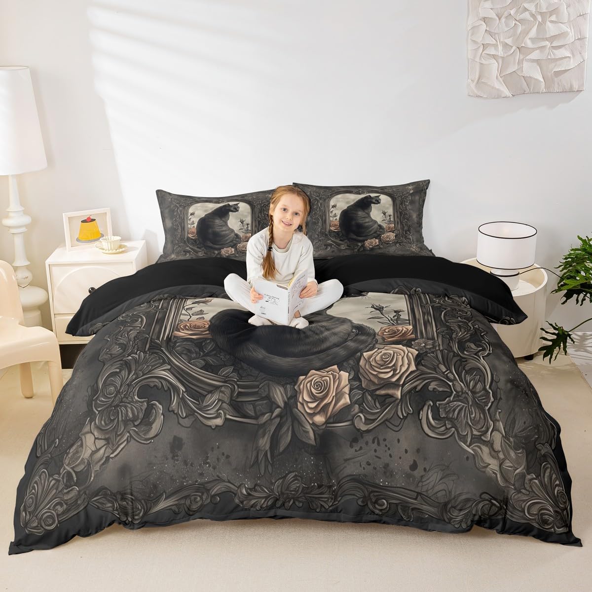 Manfei Black Cat Duvet Cover Set with 2 Pillowcases