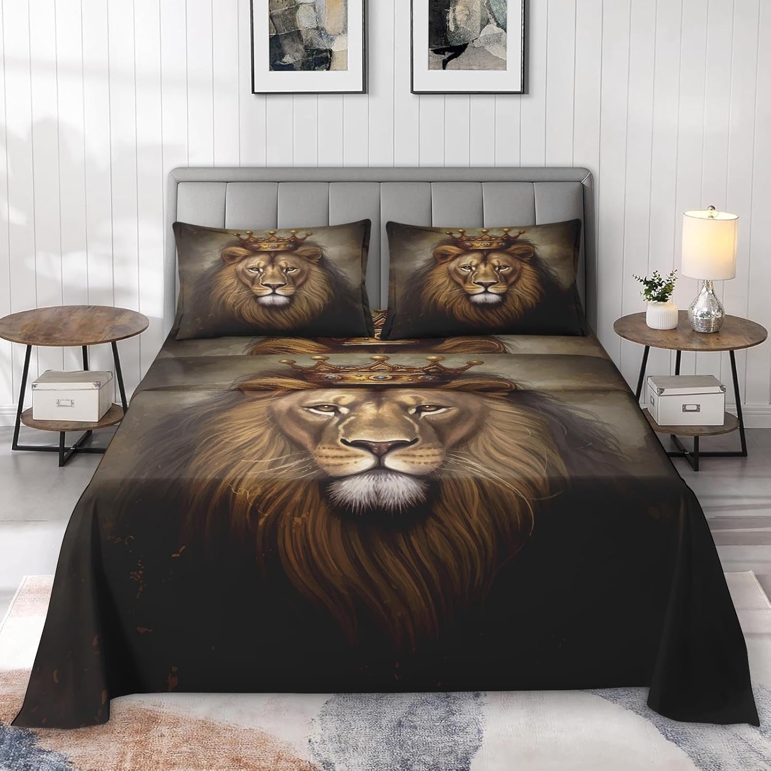 Pamnest Full Size Microfiber Bed Sheet Set with King Lion Pattern