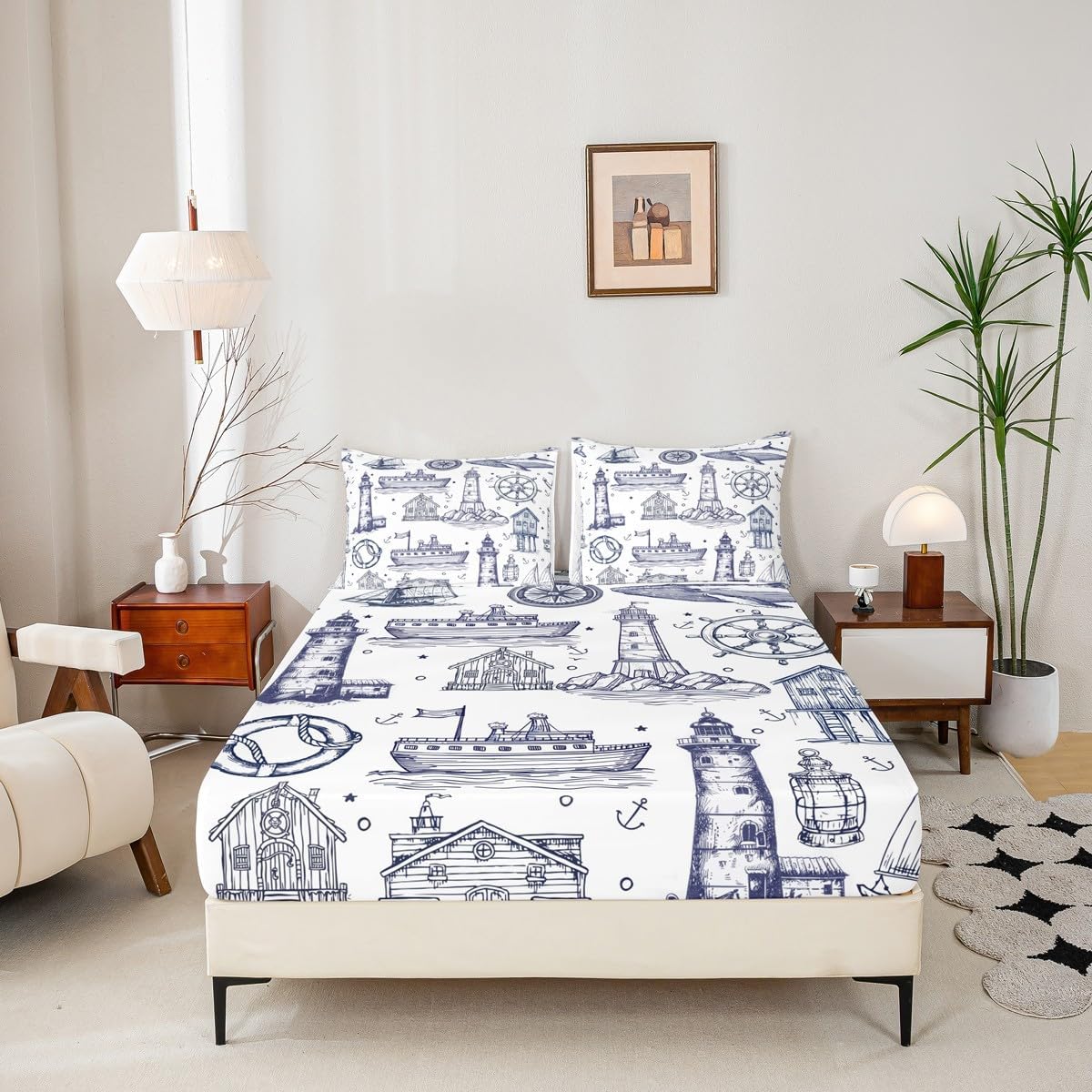 Homewish Sea Nautical Queen Sheet Set 3Pcs with Lighthouse Design