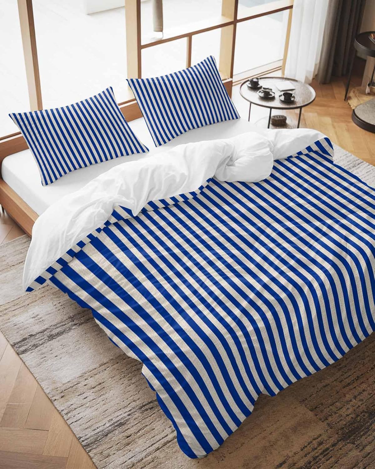 Dark Blue Striped Duvet Cover Set 3 Pieces