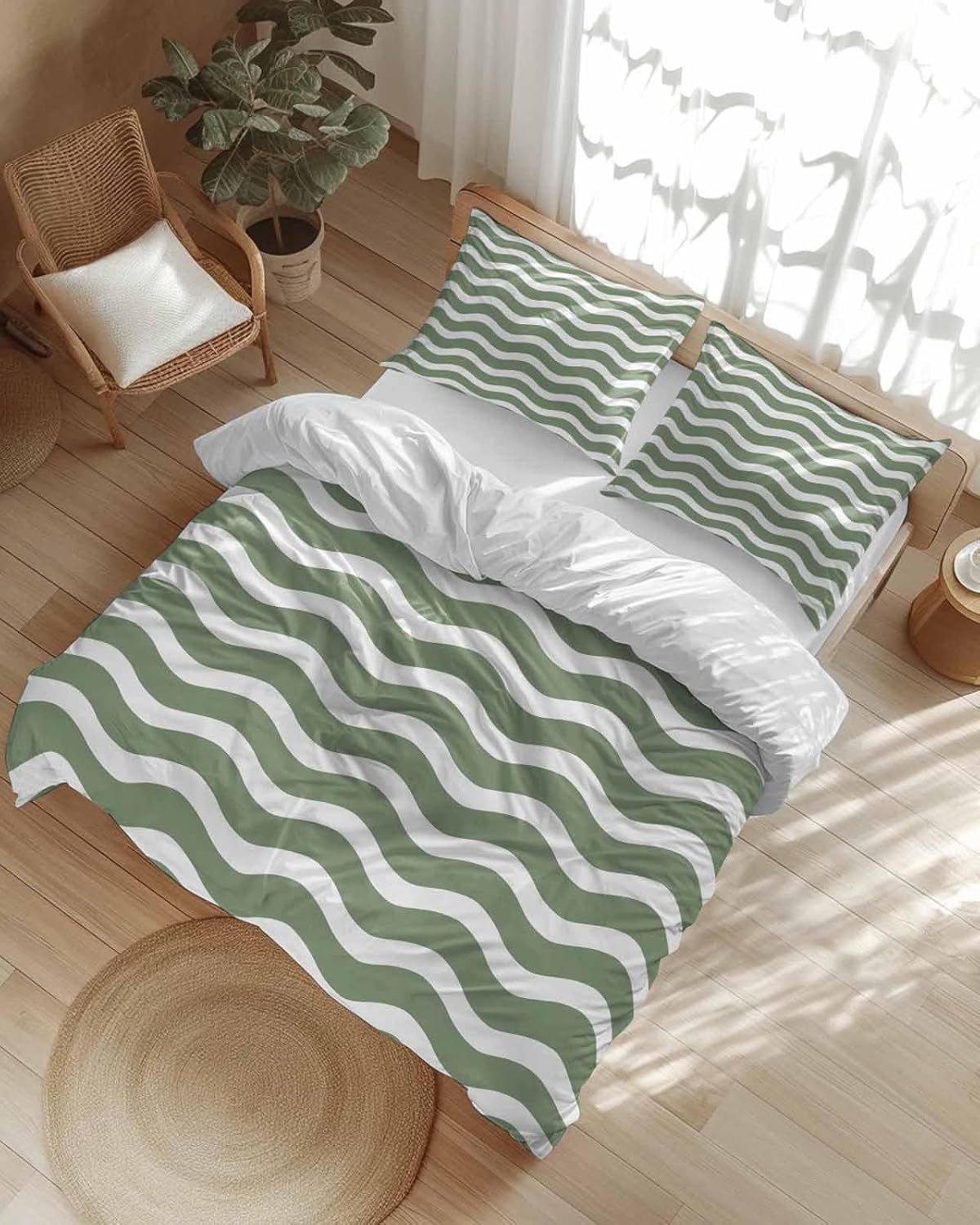 ZOE GARDEN Sage Green Striped Queen Duvet Cover Set