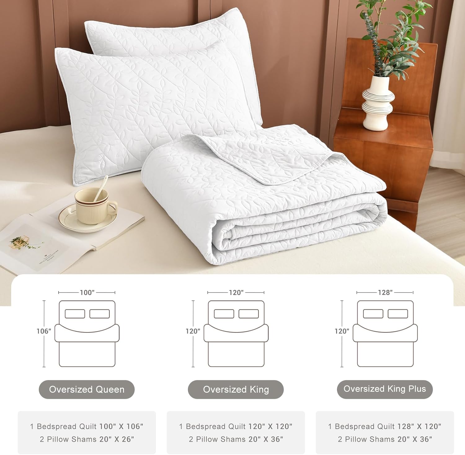 Lady Ann White Leaves Oversized King Quilt Set