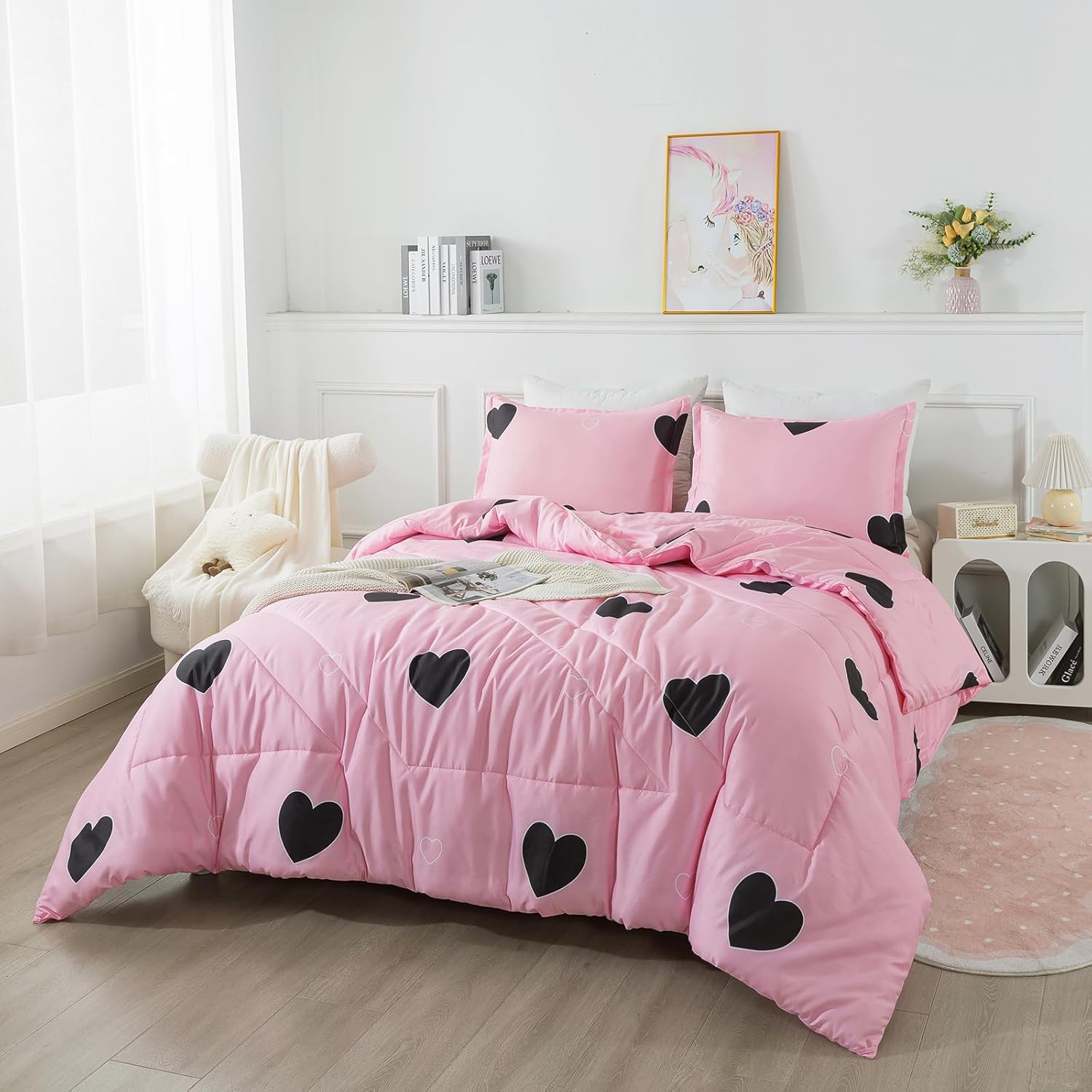 Caressma Love Heart Pink Queen Comforter Set 3 Pieces