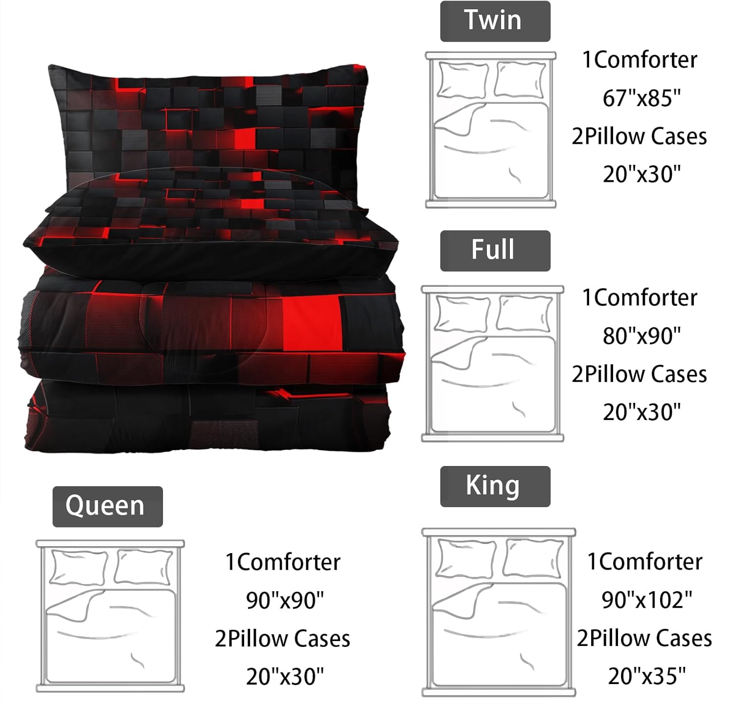 Neon Red Black Kids Comforter Set 3PCS Geometric Honeycomb Bedding