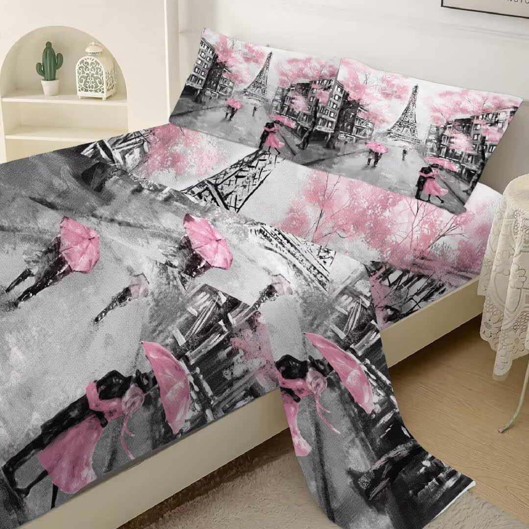 Kxry Pink Paris Eiffel Tower Fitted Sheet Set