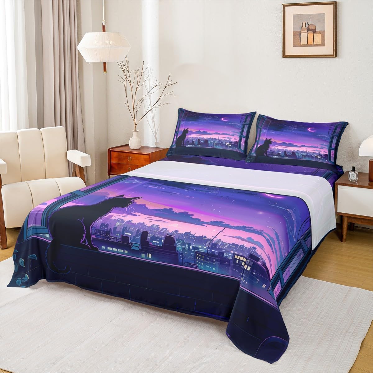 Jejeloiu King Size Cat Bed Sheets Set Purple Microfiber
