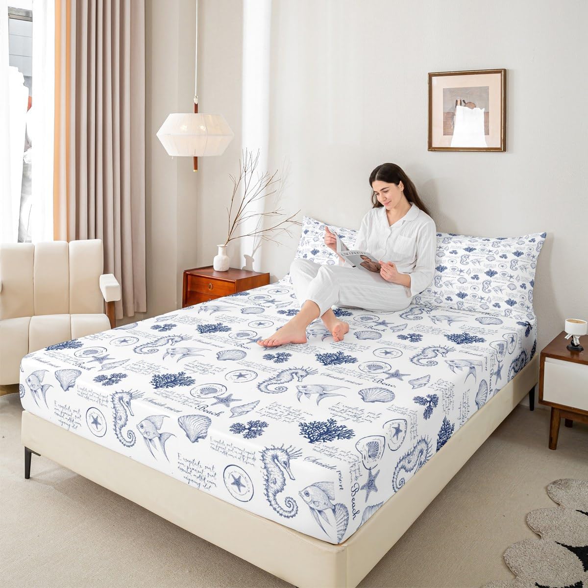 Coastal King Size Sheet Set with Seashell Print