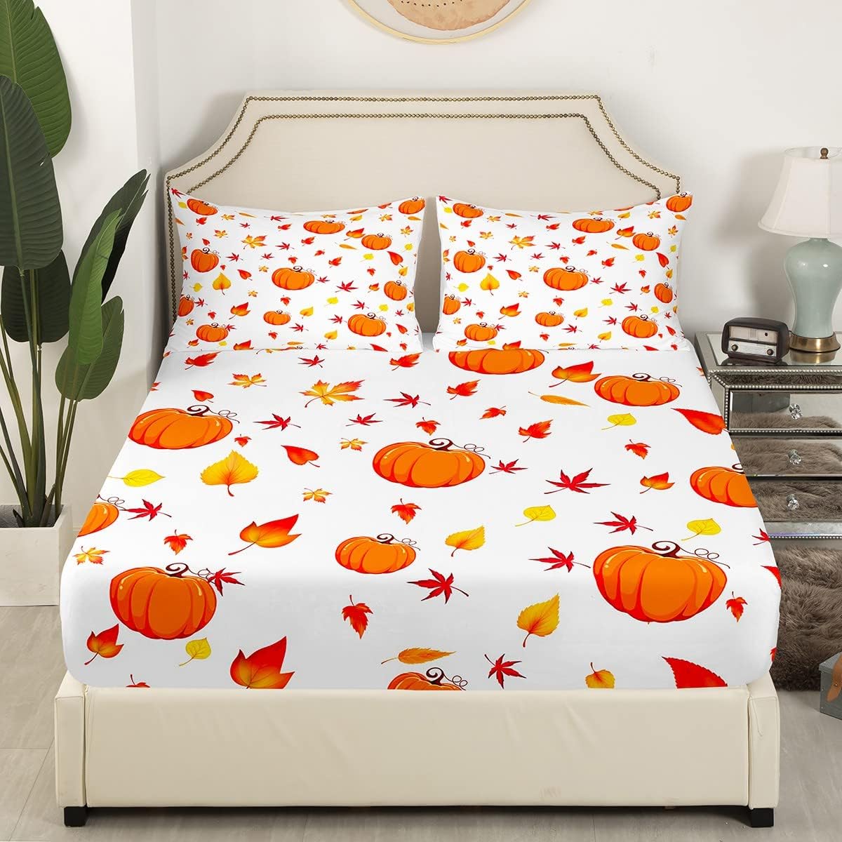 Erosebridal Fall Pumpkin King Size Sheet Set with Maple Leaves