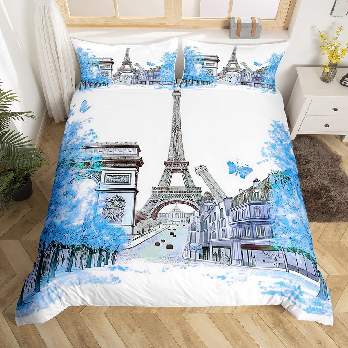 Jejeloiu Blue Eiffel Tower Duvet Cover Set