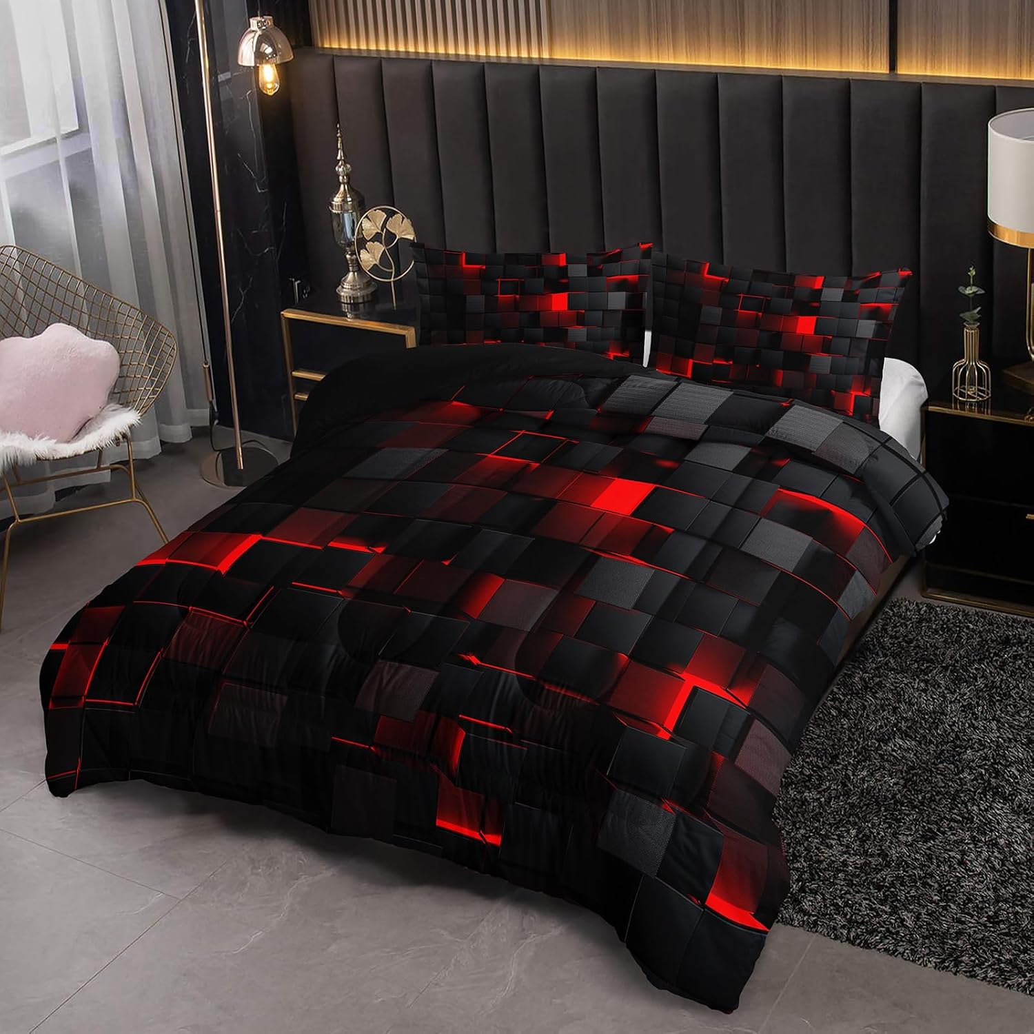 Neon Red Black Kids Comforter Set 3PCS Geometric Honeycomb Bedding