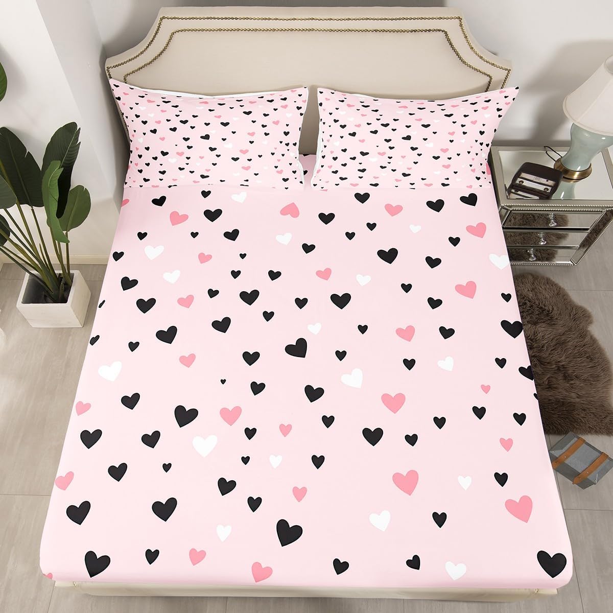 Feelyou Heart Bed Sheet Set King Size Kawaii Pink