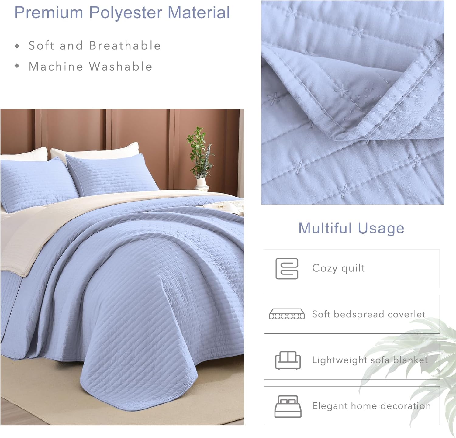 Masaca Oversized King Quilt Set 3 Piece Light Blue