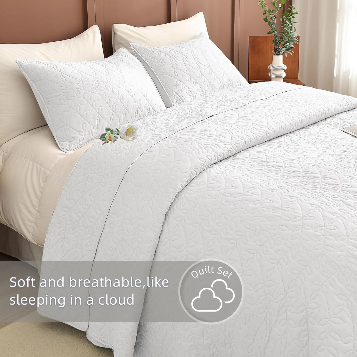 Lady Ann White Leaves Oversized King Quilt Set