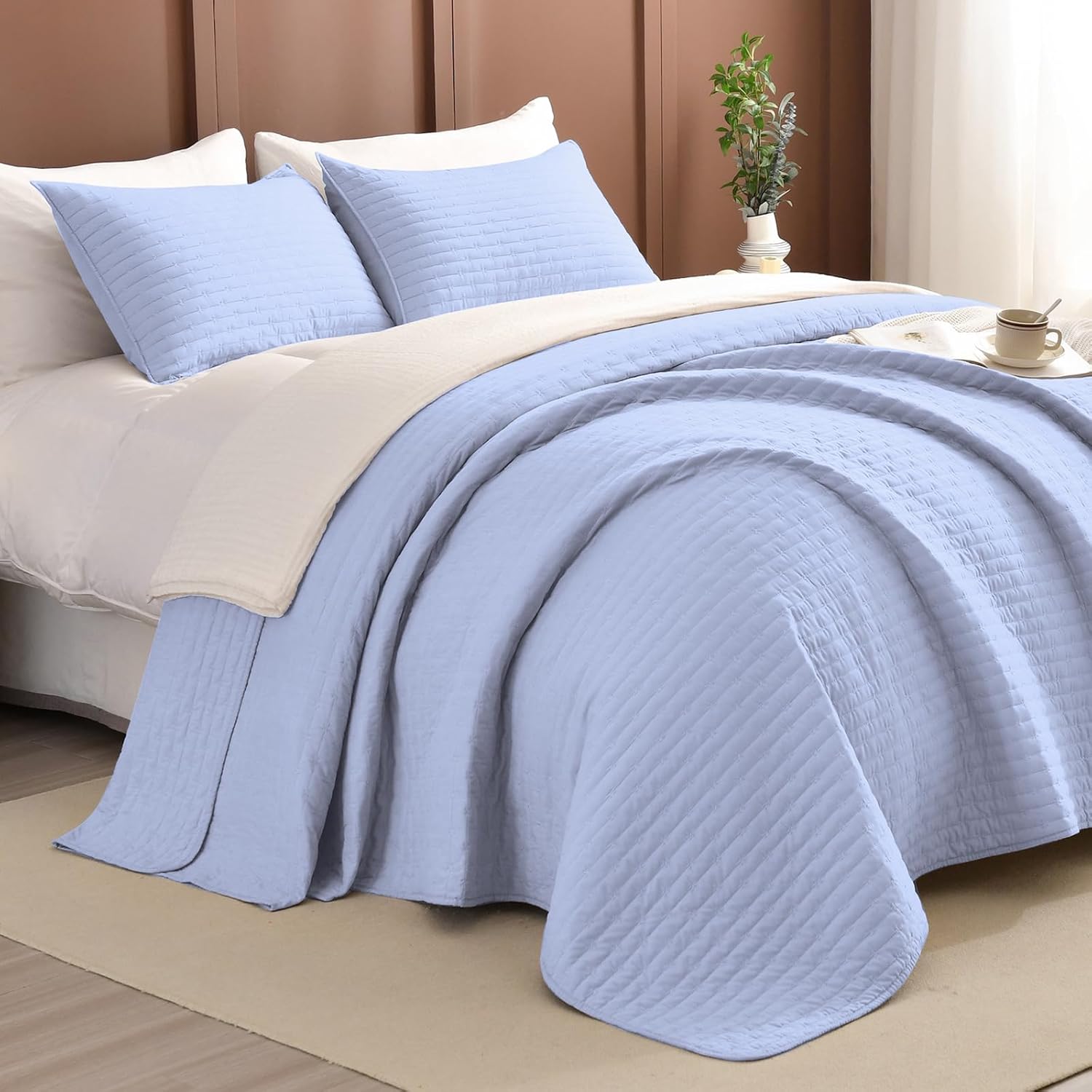 Masaca Oversized King Quilt Set 3 Piece Light Blue