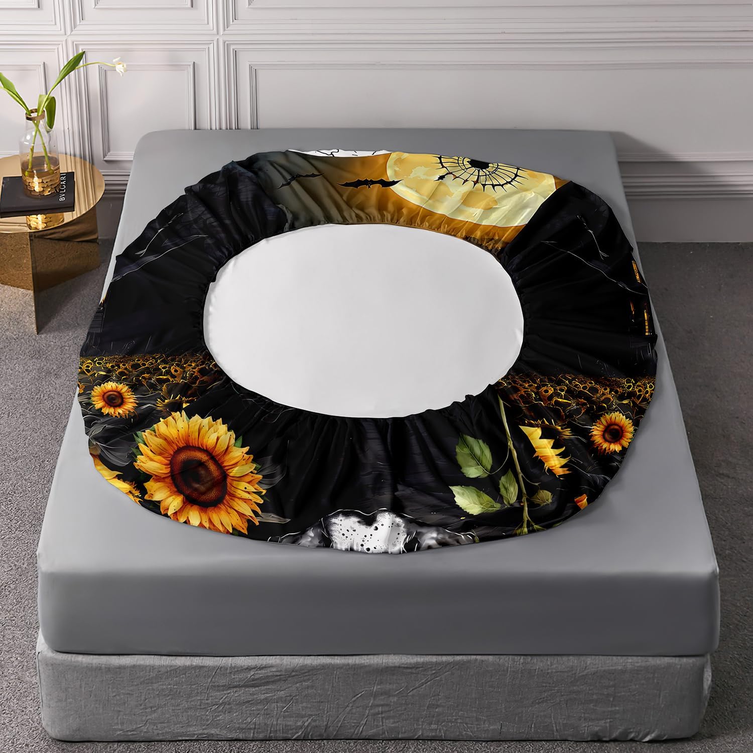 Gothic Skull Fitted Sheet with Sunflower Pattern Queen Size Set