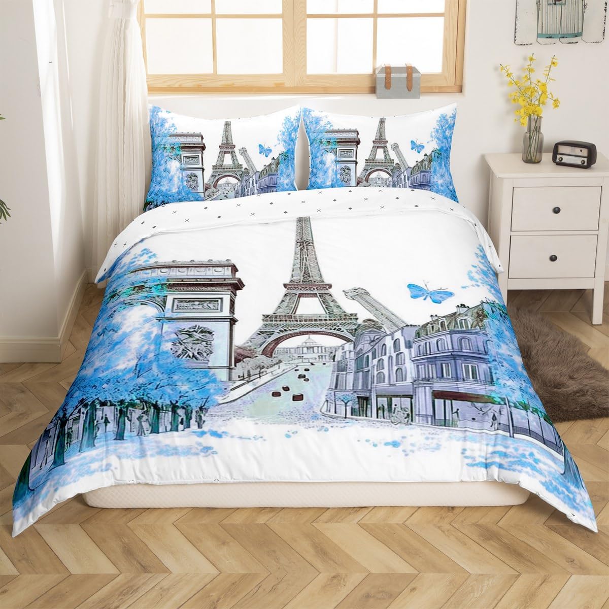 Jejeloiu Blue Eiffel Tower Duvet Cover Set