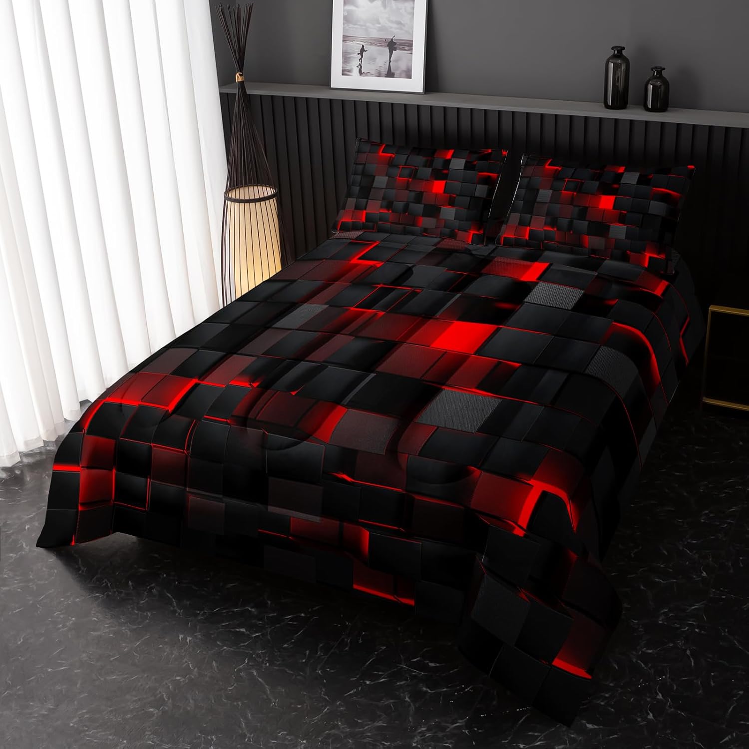 Neon Red Black Kids Comforter Set 3PCS Geometric Honeycomb Bedding