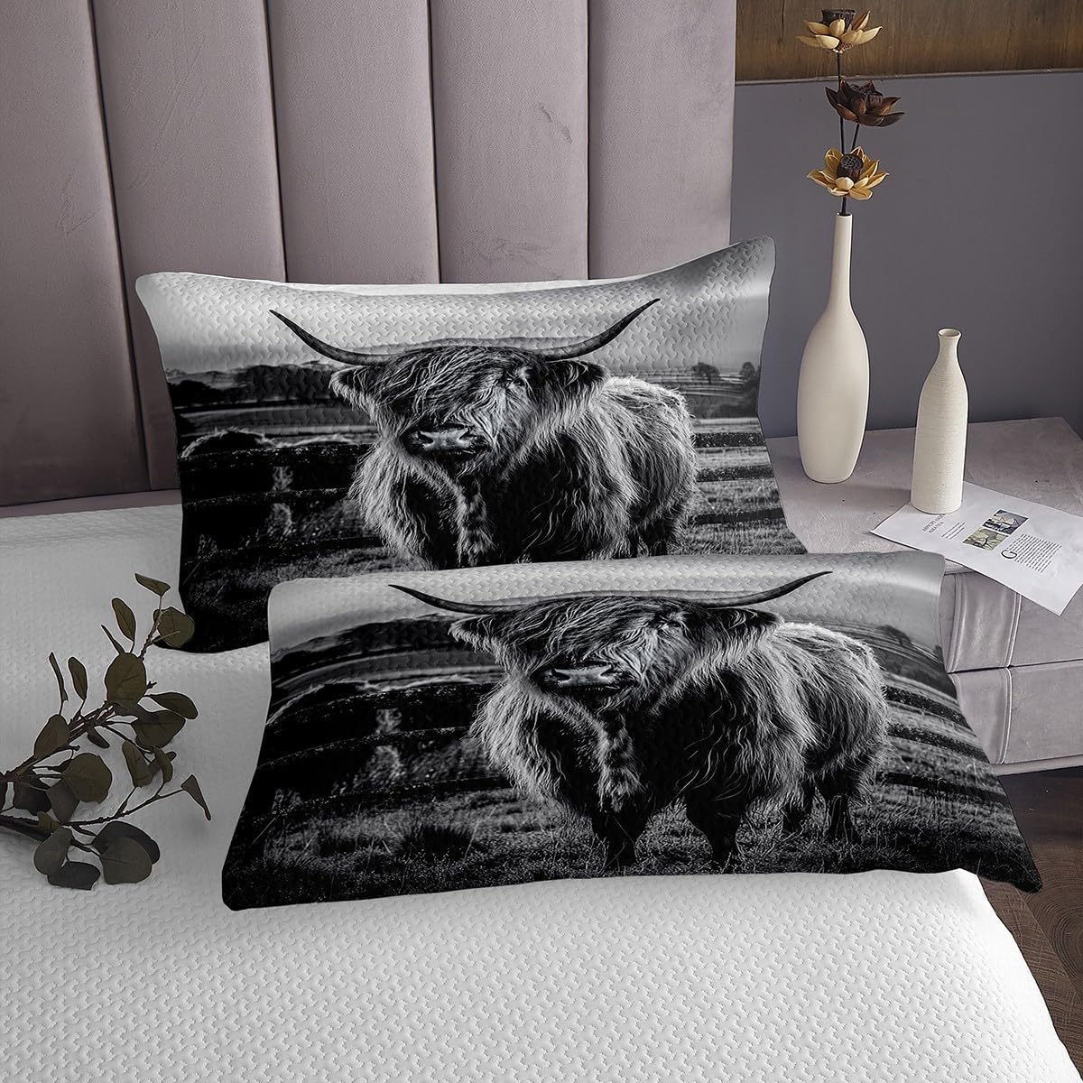 Highland Cow Bedspread King Size Grey Bull Quilt Set