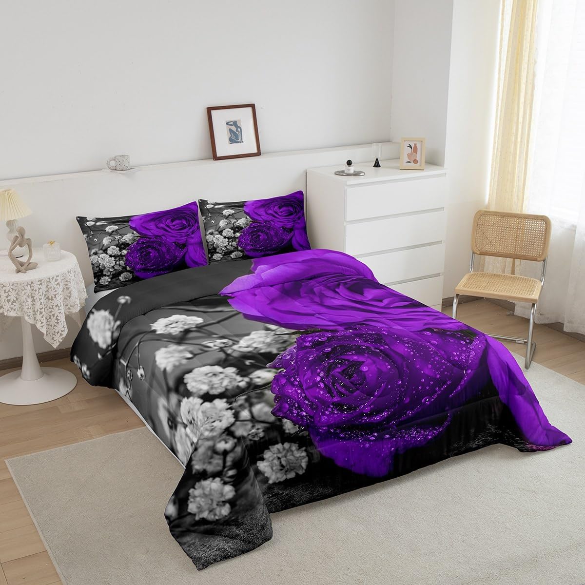 Erosebridal Purple Floral Comforter Set King 3Pcs 1