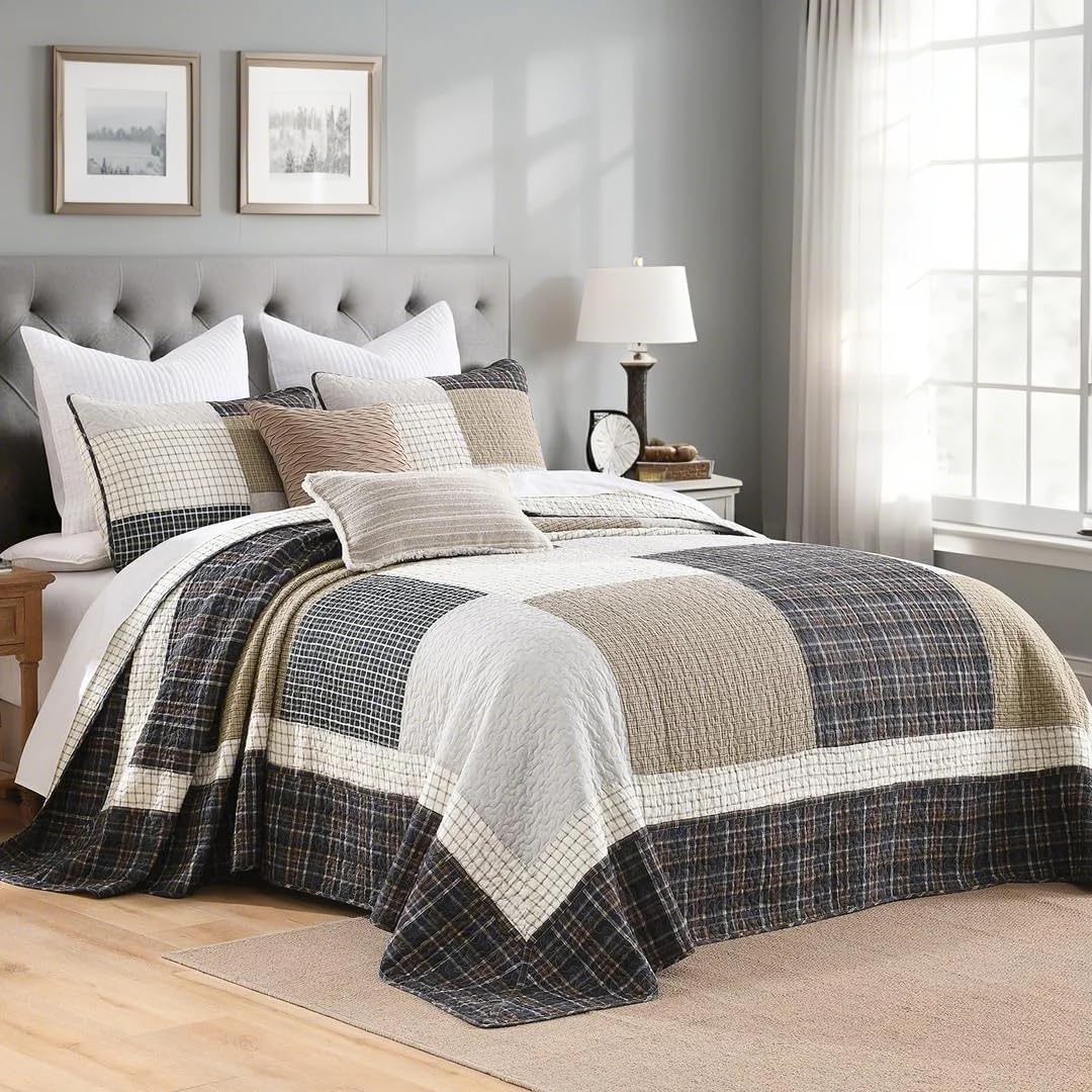 Bedduvit 100 Cotton California King Bedspread Set - 3pcs Farmhouse Patchwork Plaid