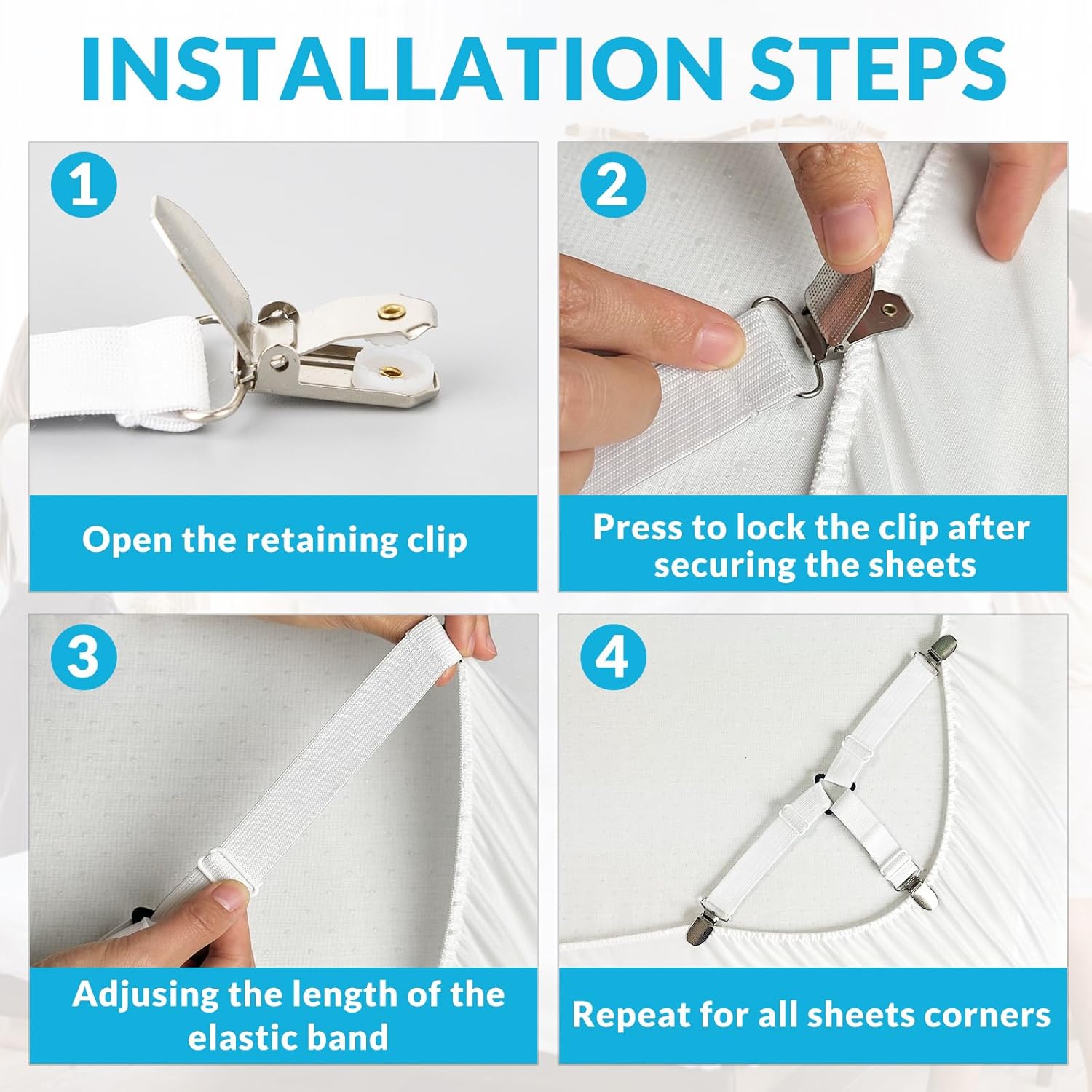 Inscool Bed Sheet Straps - 4-Pack Adjustable Clips for Secure Fit