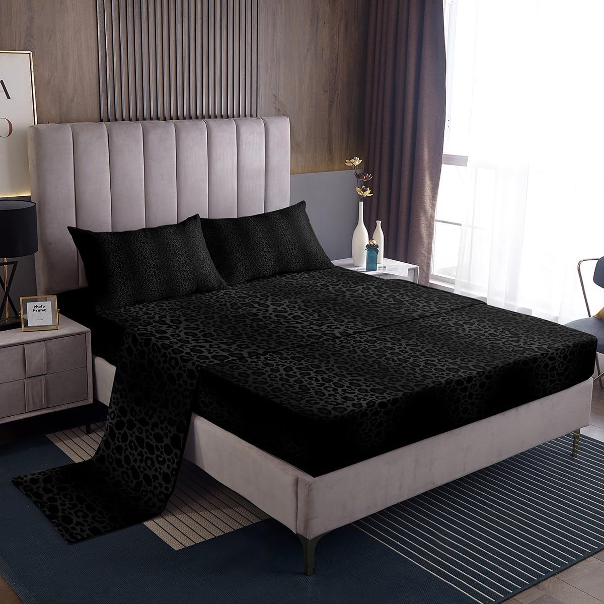 Castle Fairy Black Leopard Print King Size Bed Sheet Set