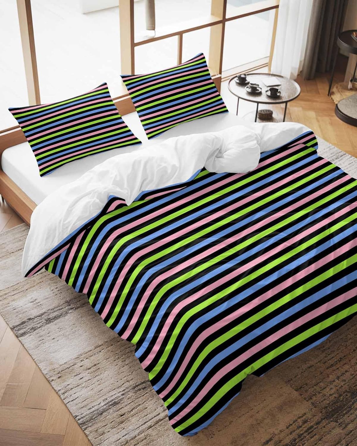 ZOE GARDEN Pink Blue Stripe Duvet Cover Set 3 Piece