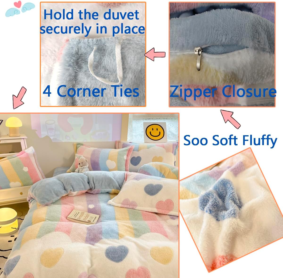 Kawaii Rainbow Heart Duvet Cover Set for Kids