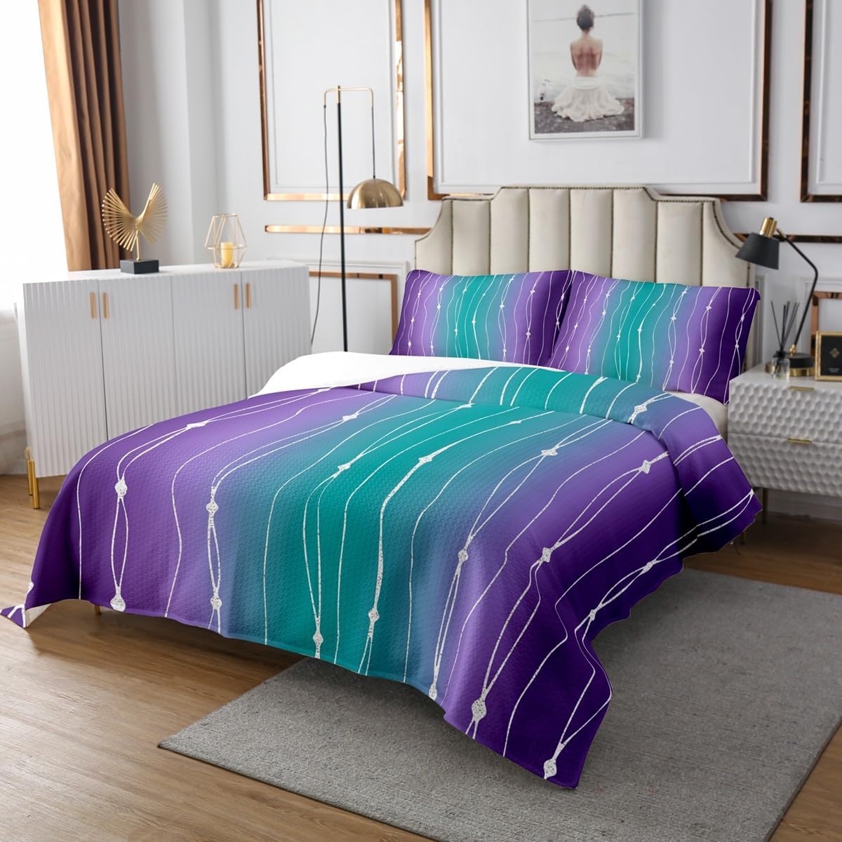Erosebridal Teal Purple Gradient King Size Coverlet Set