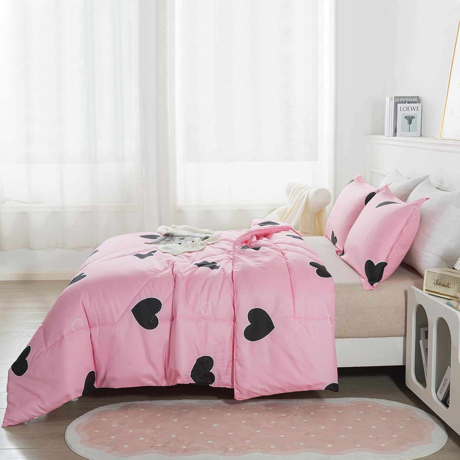 Caressma Love Heart Pink Queen Comforter Set 3 Pieces