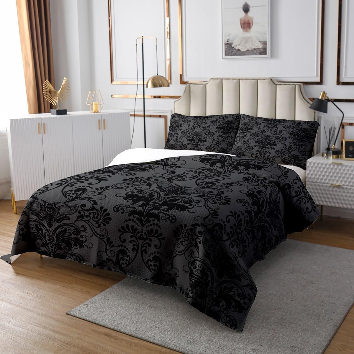 Erosebridal Black Damask Bedspread Set Queen Size