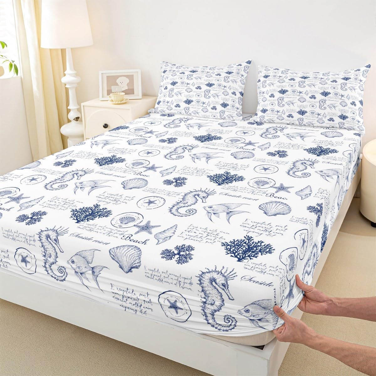 Coastal King Size Sheet Set with Seashell Print