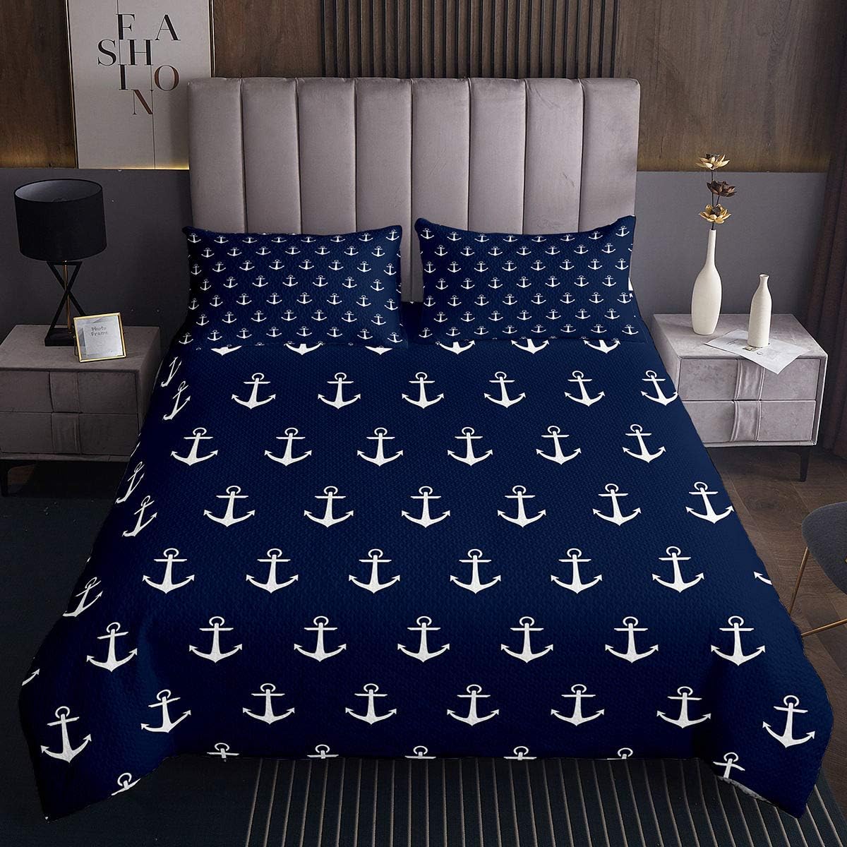 Feelyou Ocean Nautical Bedspread Set Twin Size Navy Blue