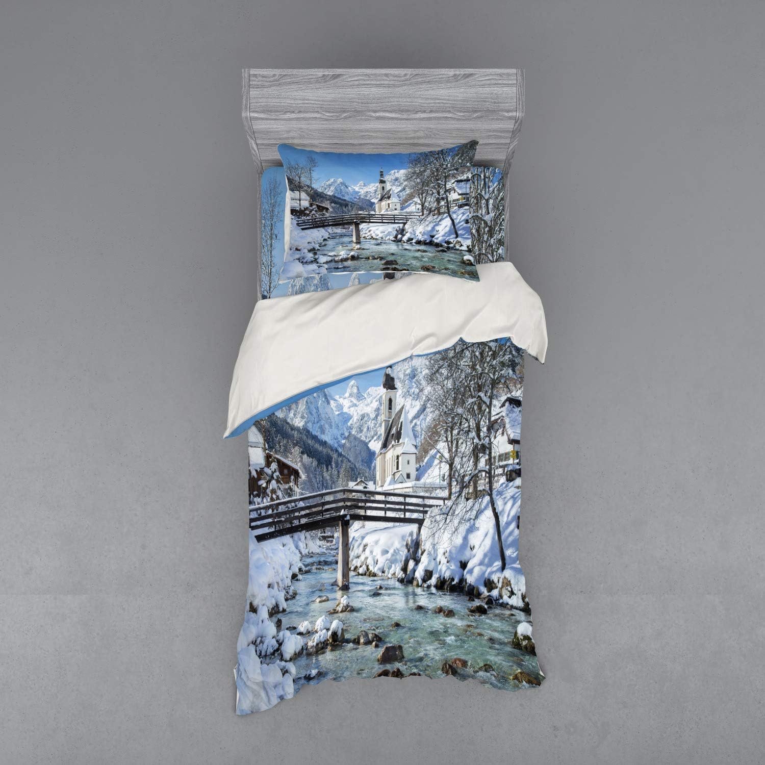 Ambesonne Winter Bedding Set Twin Size Blue Brown White