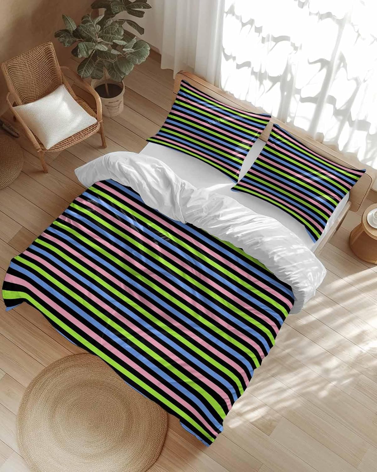 ZOE GARDEN Pink Blue Stripe Duvet Cover Set 3 Piece