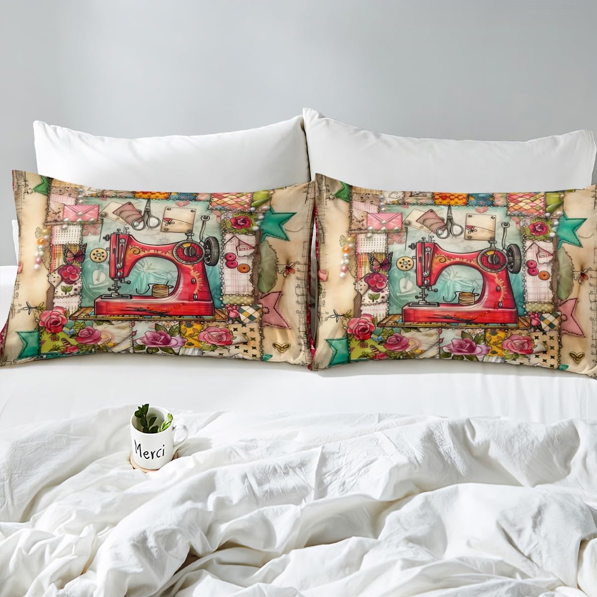 Manfei Red Retro Sewing Machine Bedding Set Twin Size 1