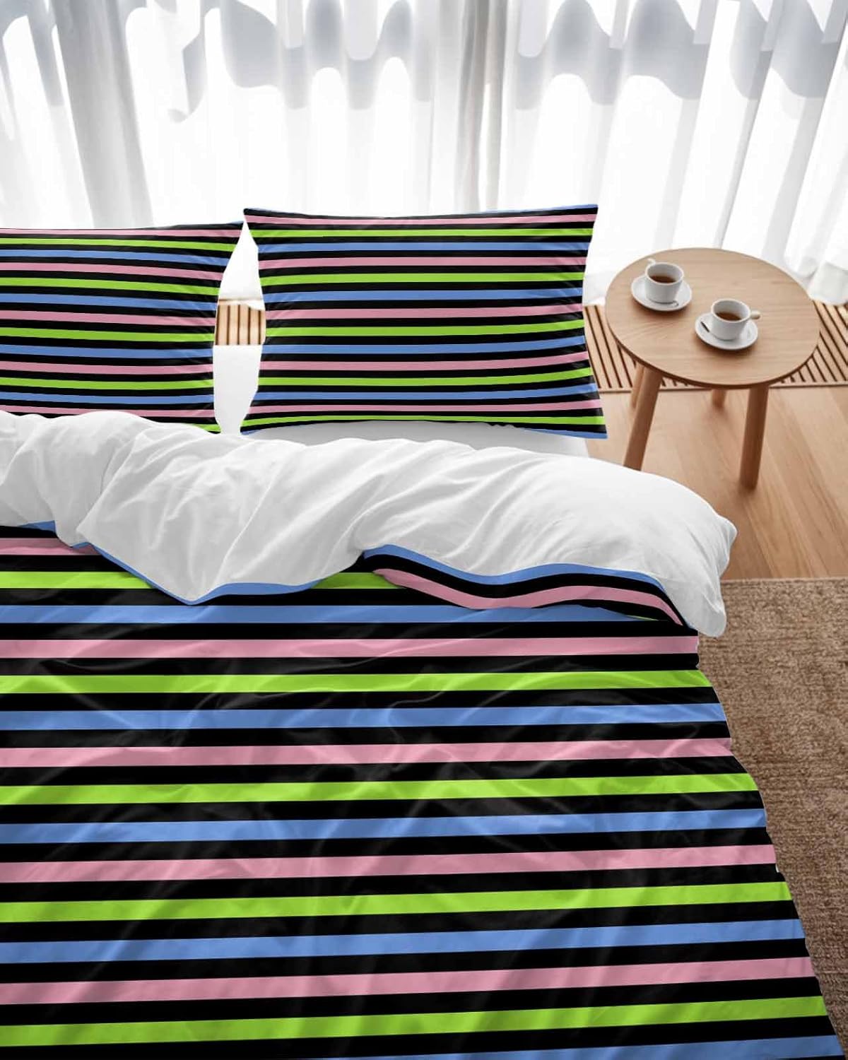 ZOE GARDEN Pink Blue Stripe Duvet Cover Set 3 Piece