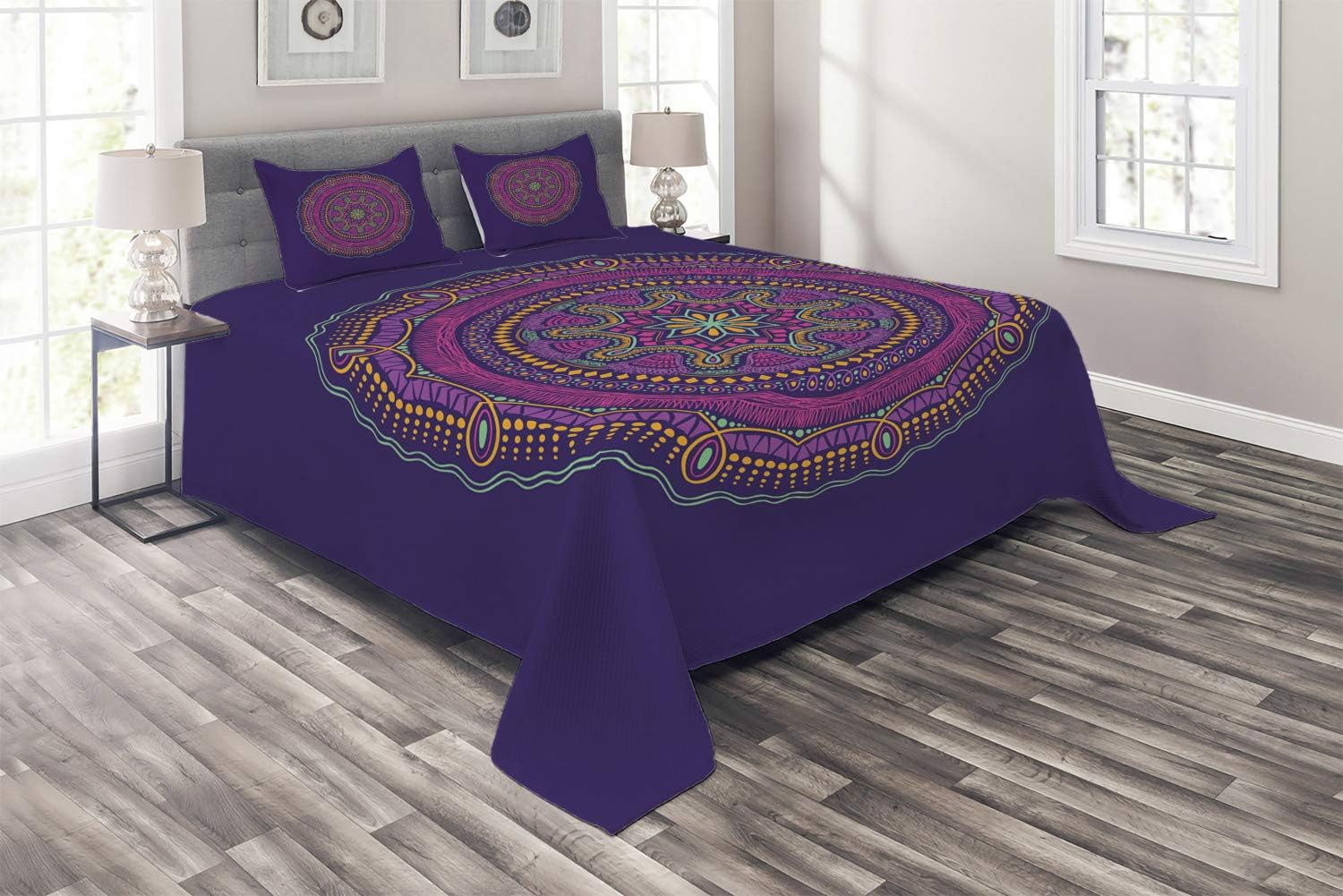 Ambesonne Bohemian Mandala Yoga Coverlet Set Queen Size 3 Piece